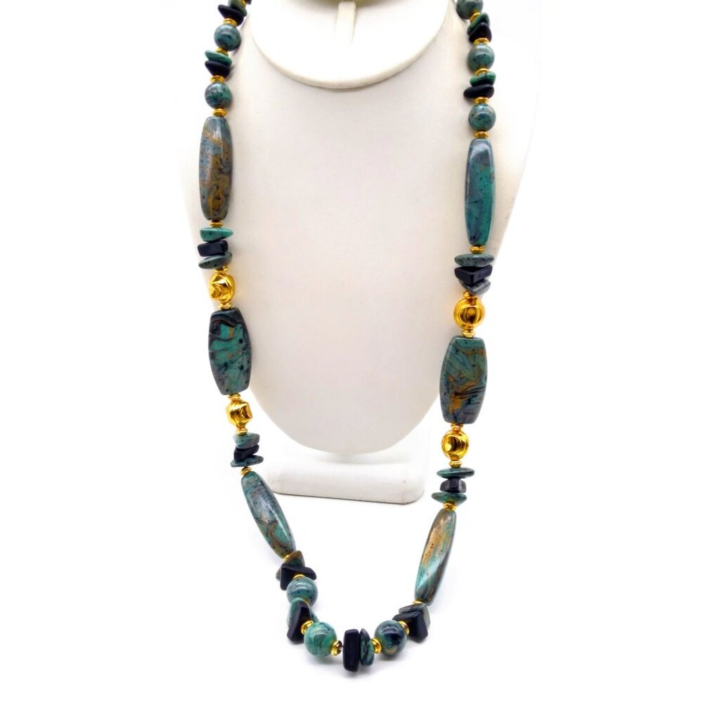 Muddy Lucite Beaded Vintage Necklace in Brownish Green and Black with Gold Tone